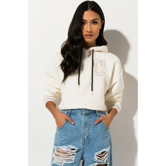 Champion Big C Fleece Fur Long Sleeve Crop Hoodie - Picture 1 of 11